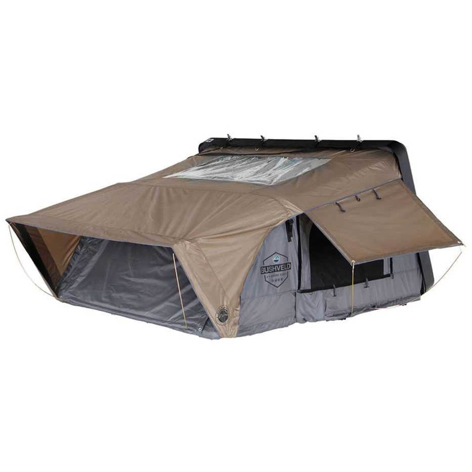 HD Bushveld 4 Person Cantilever Hard Shell Roof Top Tent Grey Body & Tan Rainfly 3 Quarter