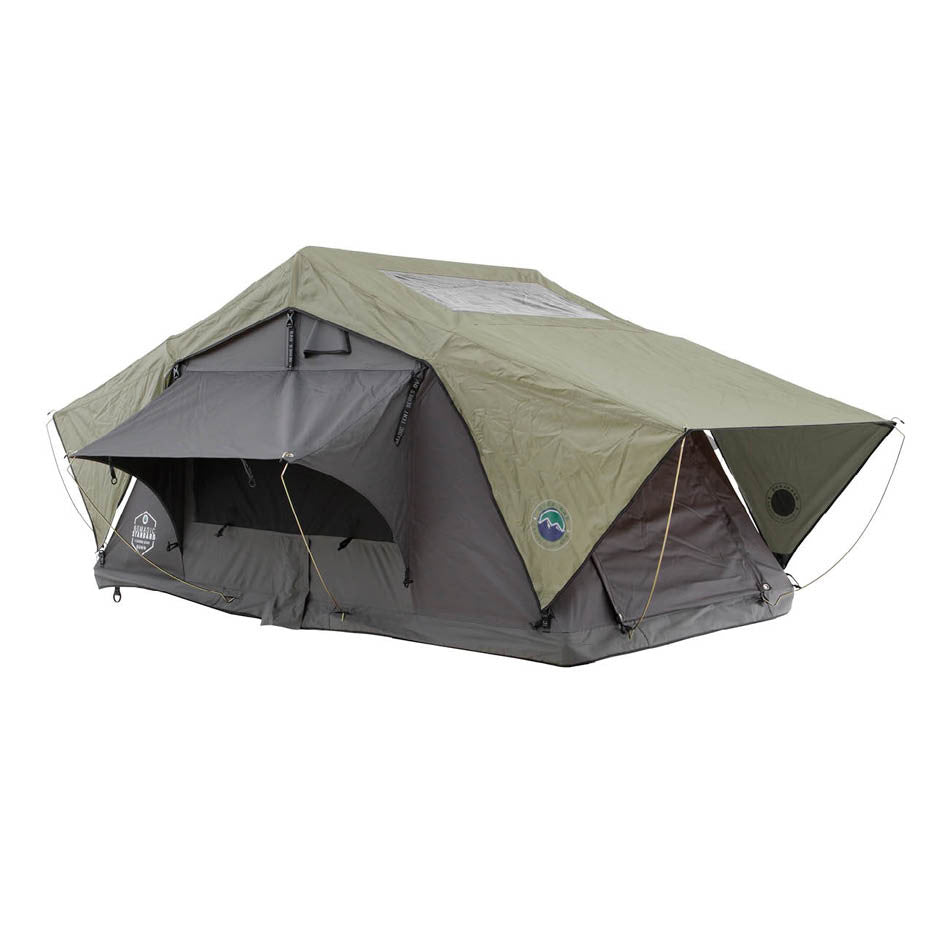 HD Nomadic 3 Person Standard Soft Shell Roof Top Tent, Grey Body & Green Rainfly 3 Quarter