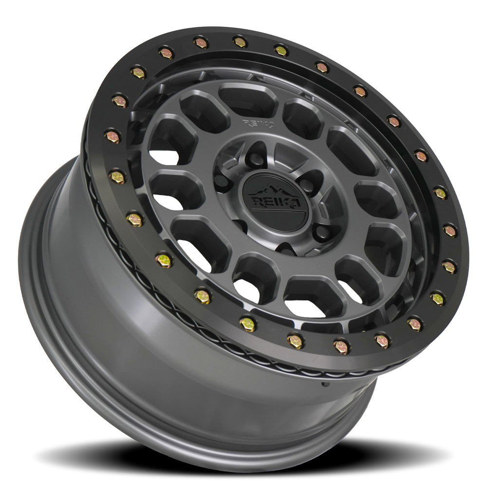 Reika R35 Rambler Beadlock wheel in Satin Gunmetal / Black E-Coated Ring – lay-down view