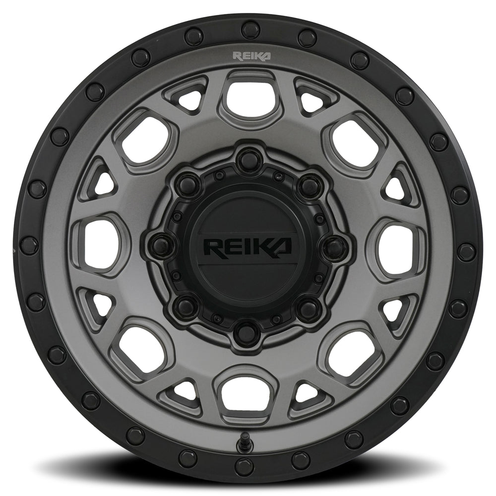 Reika R45 Marauder wheel in Gunmetal Grey / Satin Black Ring – face view