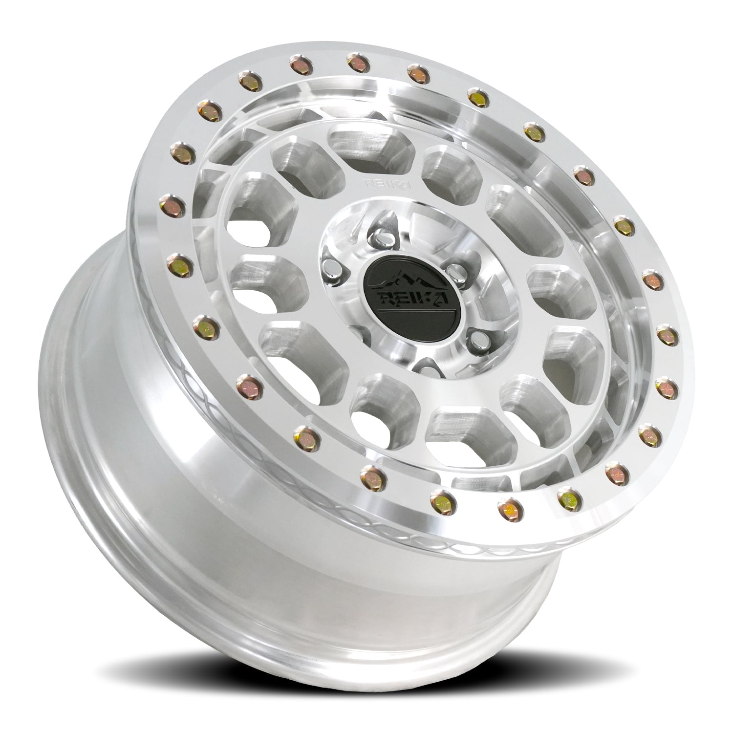 Reika R35 Rambler Beadlock wheel in Machined – lay-down view