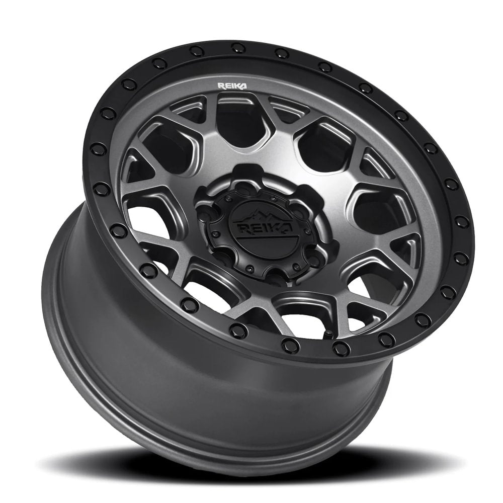 Reika R45 Marauder wheel in Gunmetal Grey / Satin Black Ring – lay-down view