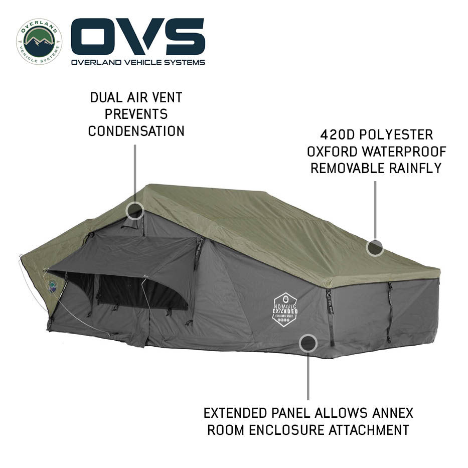 HD Nomadic 3 Person Extended Soft Shell Roof Top Tent, Grey Body & Green Rainfly 3 Quarter