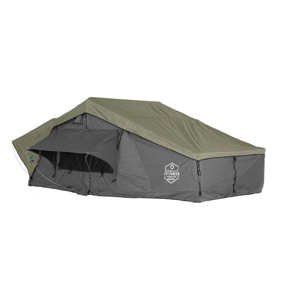 HD Nomadic 3 Person Extended Soft Shell Roof Top Tent, Grey Body & Green Rainfly 3 Quarter