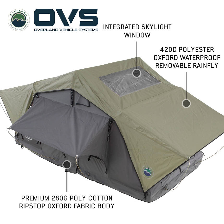 HD Nomadic 2 Person Standard Soft Shell Roof Top Tent, Grey Body & Green Rainfly 3 Quarter
