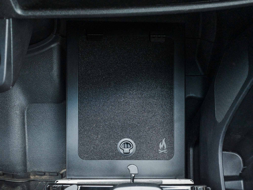 Top view of installed Sprinter Passenger Floor Riser Storage Compartment foot rest with traction top