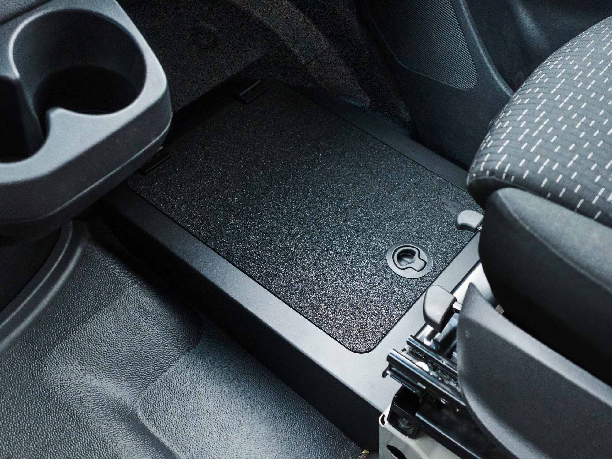 Sprinter Foot Rest with storage compartment installed in Sprinter camper van