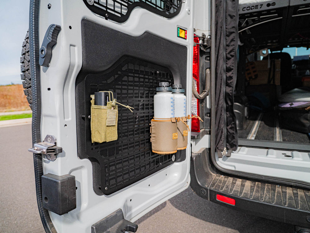 Lower door panel of Transit Rear Door Molle Panels installed with accessories attached