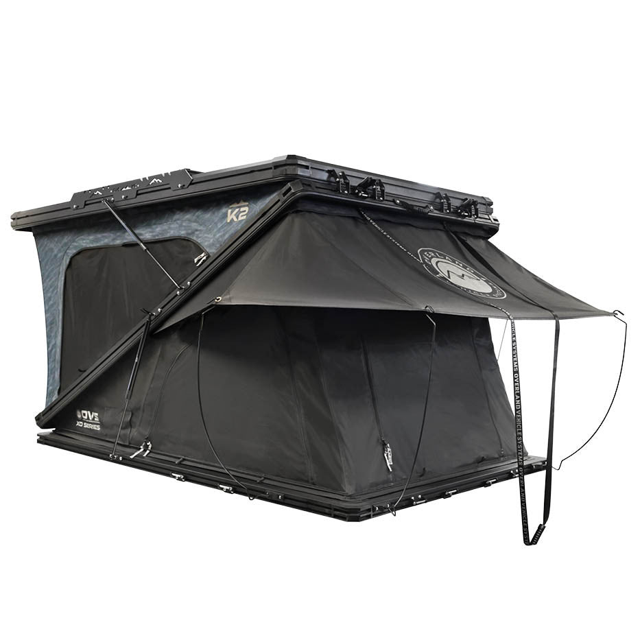 XD K2 Clam Shell Pop Up 2 Person Aluminum Hard Shell Roof Top Tent, Blue Body & Black Rainfly 3 Quarter