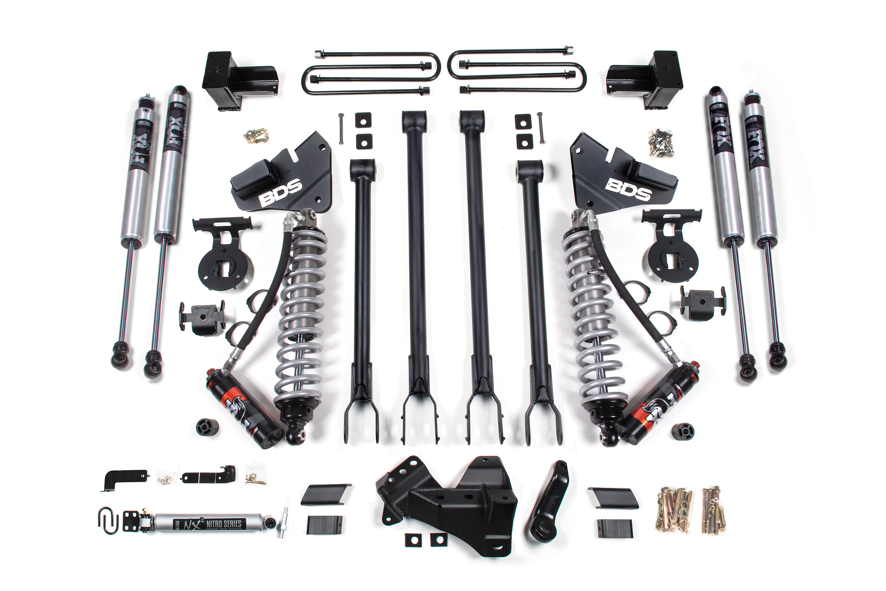 4 Inch Lift Kit w/ 4-Link | FOX 2.5 Performance Elite Coil-Over Conversion | Ford F250/F350 Super Duty (17-19) 4WD | Diesel - 5 Inch Block With 2 and 3 Leaf Main / FOX 2.5 Performance Elite