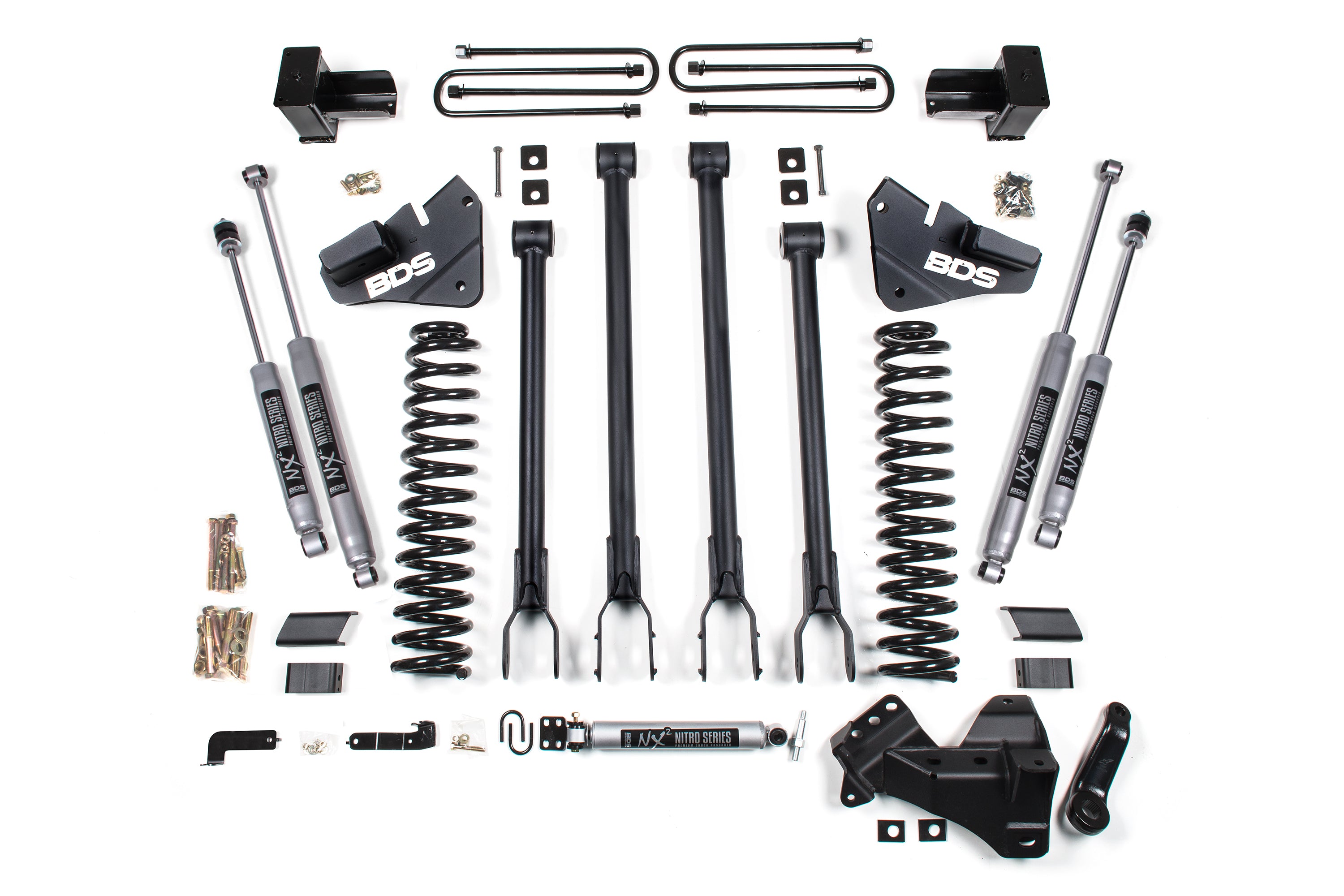 4 Inch Lift Kit | 4-Link Conversion | Ford F250/F350 Super Duty (17-19) 4WD | Diesel - 5 Inch Block With 2 and 3 Leaf Main / FOX 2.5 Performance Elite