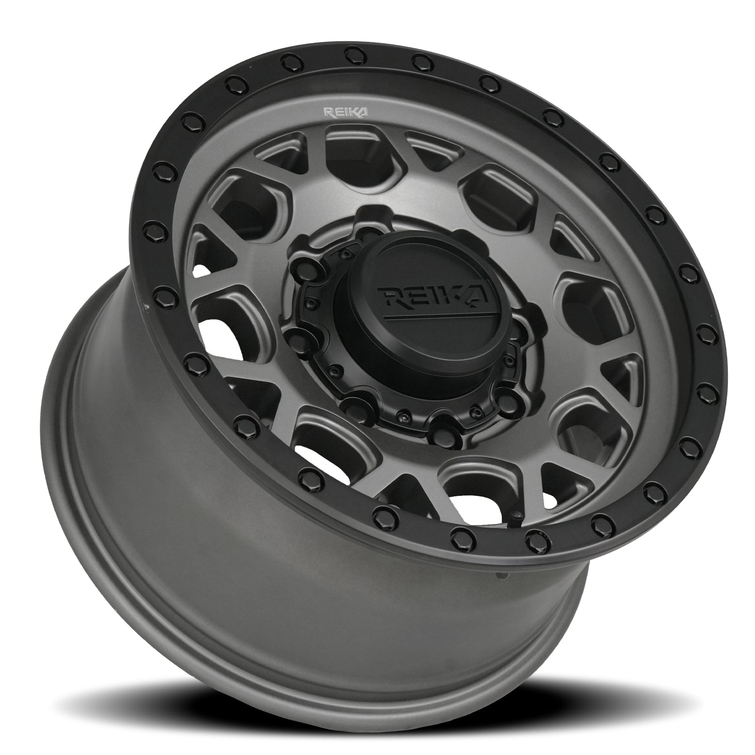 Reika R45 Marauder wheel in Gunmetal Grey / Satin Black Ring – lay-down view
