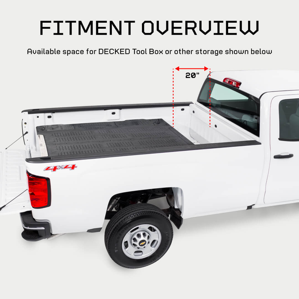 [XS4G, XF7G, XG9G] Fitment overview of the Drawer System for 8 foot bed trucks, illustrating that there is a 20 inch gap between the end of the Drawer System and the truck's cab.