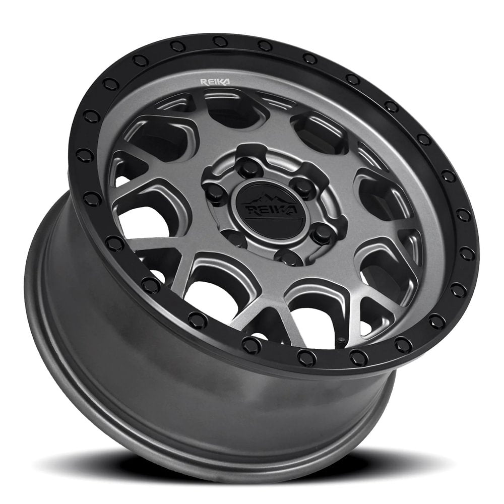 Reika R45 Marauder wheel in Gunmetal Grey / Satin Black Ring – lay-down view