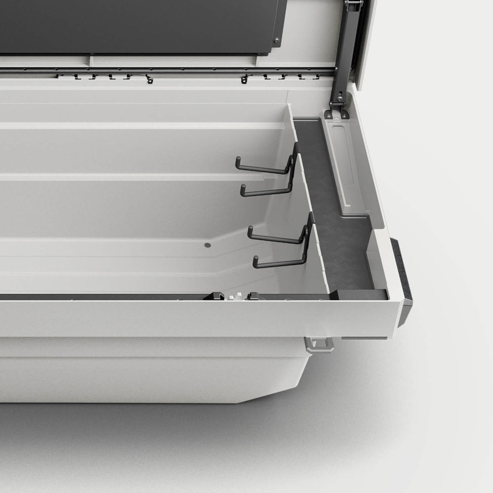 Tool Hooks inside an open white DECKED Tool Box.
